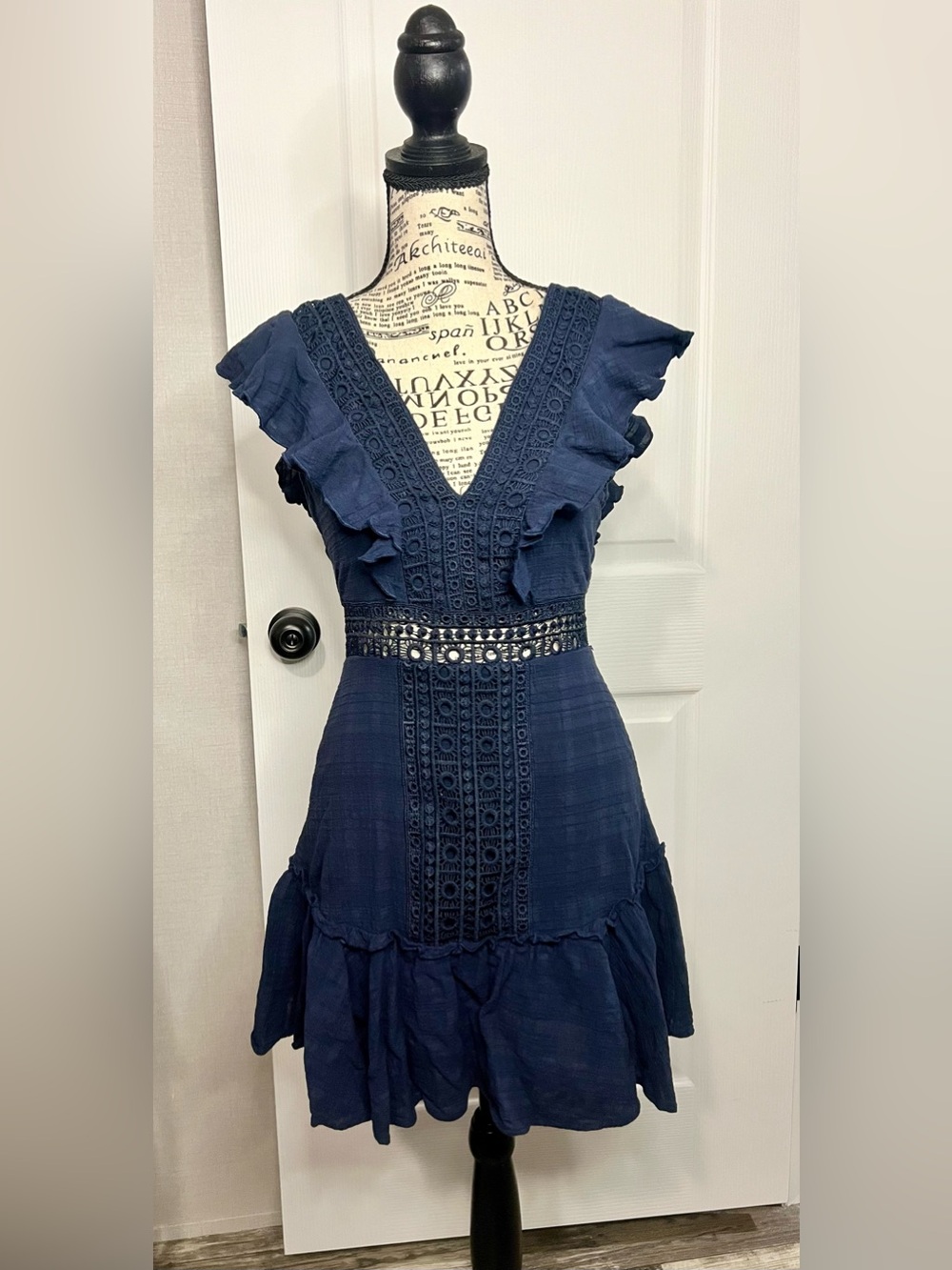 Blue Rain Navy V-Neck Lace-Panel Ruffle Midi Dress